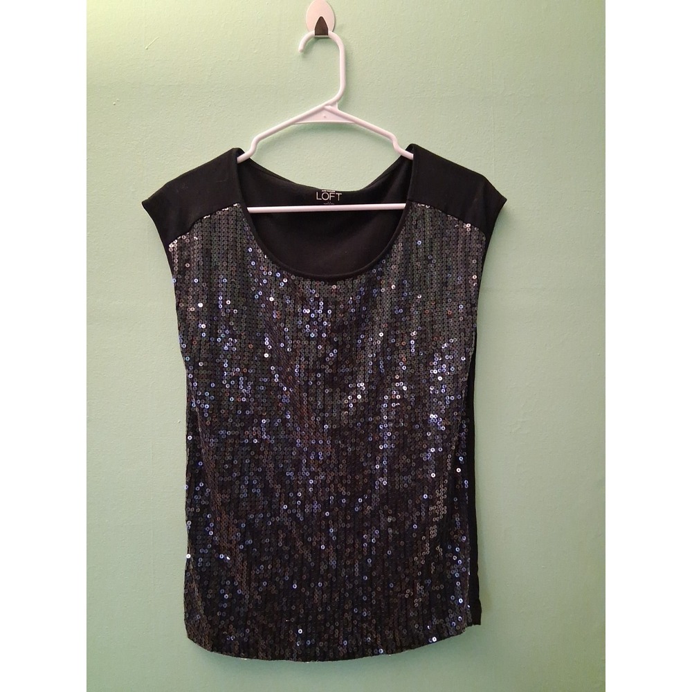 Ann Taylor Loft Top Women's XS Black Sequin Mesh Overlay Knit Tank Dressy Career
